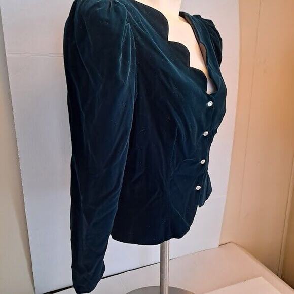 Vintage Velvet Jacket Teal Crystal Buttons Scalloped VNeck Edge Size 11/12 Y2K - Picture 9 of 10